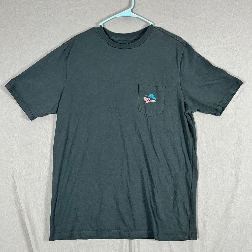 Tommy Bahama T-Shirt Mens L The Wheel Deal Charcoal Gray Graphic Pocket EUC